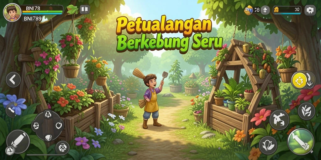 Screenshot gameplay BNI789 menunjukkan kebun yang rimbun dan cerah.