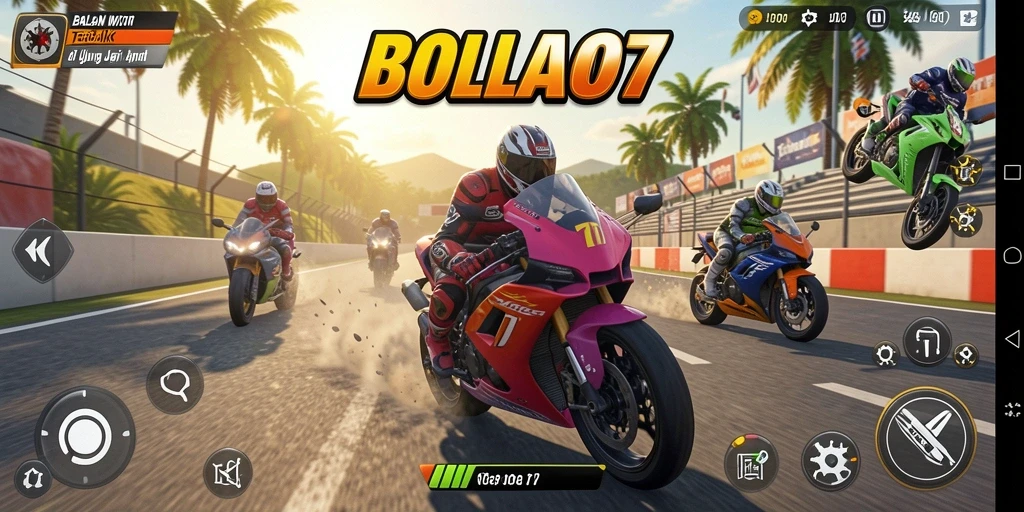 Screenshot gameplay BOLA07 yang menampilkan balapan motor yang mendebarkan.