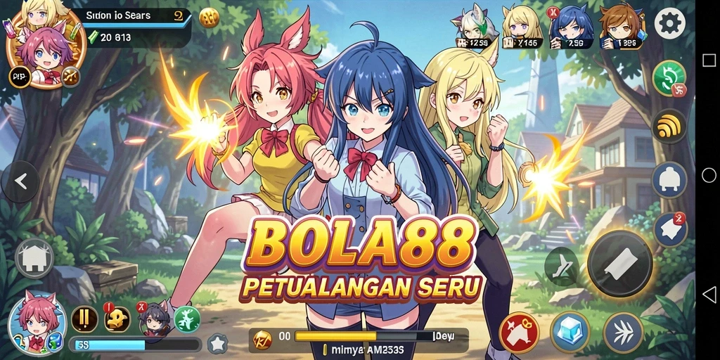 Tampilan gameplay BOLA88 yang penuh warna dan karakter anime yang menarik.