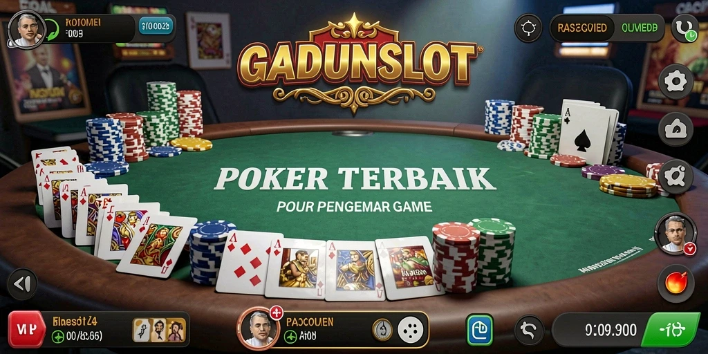 Tampilan gameplay GADUNSLOT dengan pemain berhadapan di meja Poker.