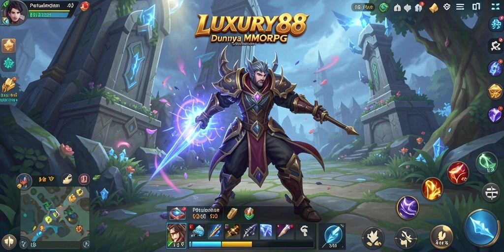 Tampilan gameplay seru dalam dunia fantasi LUXURY88, menampilkan karakter dan pertempuran.