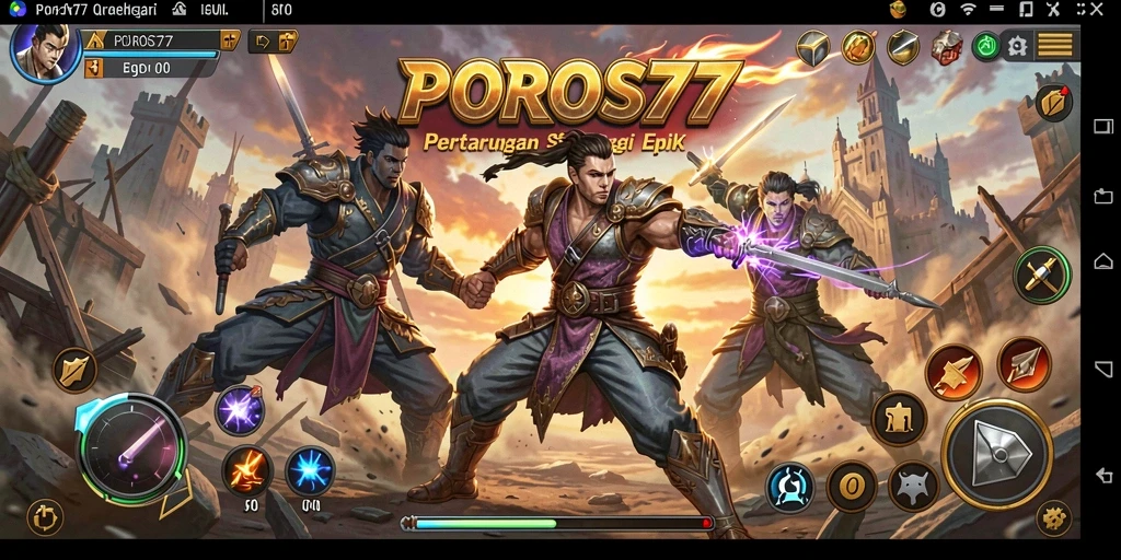 Tangkapan layar dari gameplay POROS77 yang menunjukkan pertempuran strategi.