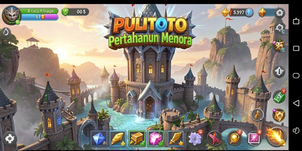 Tampilan utama PULITOTO dengan aksi menara pertahanan yang intens.