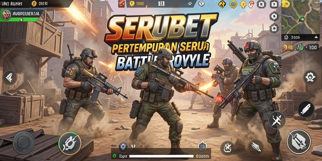Tangkapan layar SERUBET menampilkan aksi pertempuran seru di arena Battle Royale.
