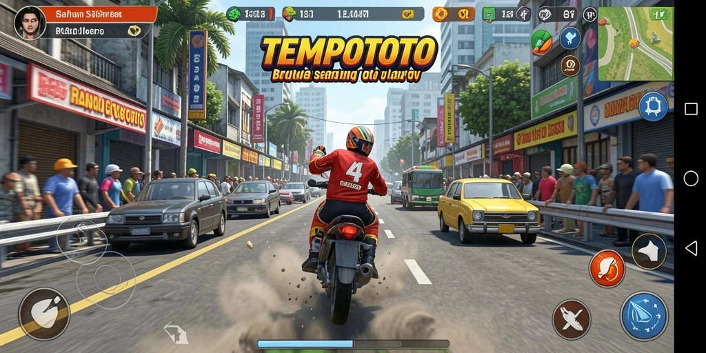 Screenshot gameplay TEMPOTOTO menampilkan balapan mendebarkan di jalanan kota.
